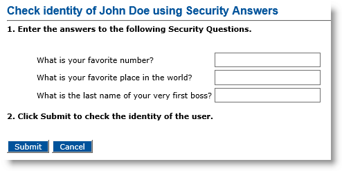 Check Identity of John Doe using Security Answers dialog box with fields to provide answers to the security questions